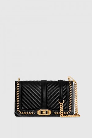 Geanta De Umar Dama Rebecca Minkoff Chevron Quilted Love Crossbody With Chain Inset Negrii | 1246059-DN