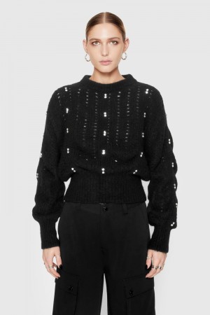 Topuri Dama Rebecca Minkoff Cecilia Crystal Embellished Sweater Negrii | 3218064-QX