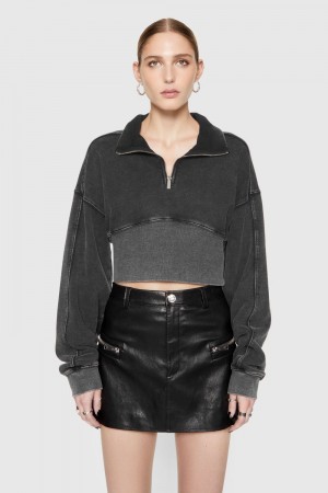 Topuri Dama Rebecca Minkoff Winnie Acid-Wash Quarter Zip Negrii Albastru Deschis | 1560849-LO